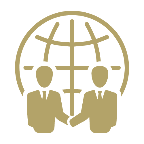 Two figures shaking hands in front of globe outline.