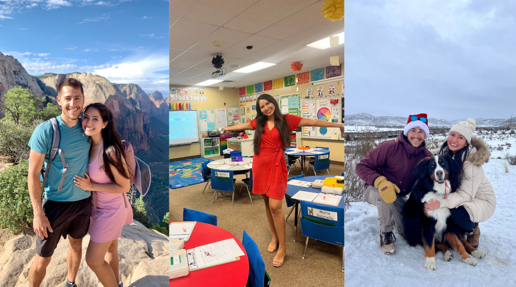 three photos of Daniela hiking outdoors and in her classroom