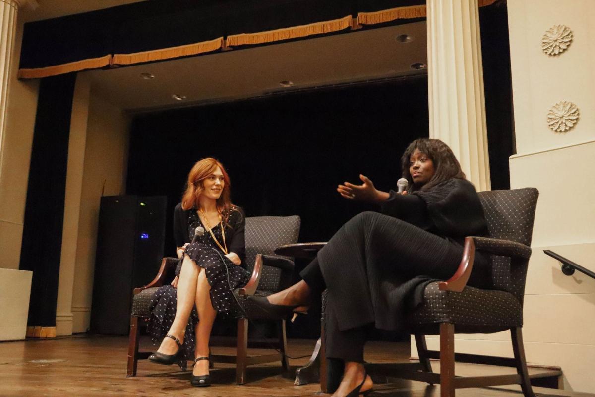 Aïssa Maïga on stage with French Professor Stéphanie Boulard at the screening of her film Above Water at the Historic Academy of Medicine on March 15, 2022.
